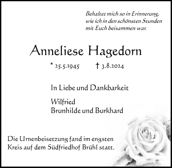 Anzeige von Anneliese Hagedorn von  Schlossbote/Werbekurier 