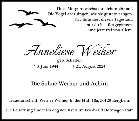 Anzeige von Anneliese Weiher von  Wochenende 