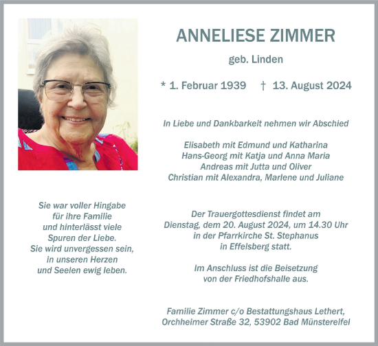 Anzeige von Anneliese Zimmer von  Blickpunkt Euskirchen 