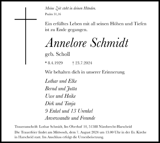 Anzeige von Annelore Schmidt von  Lokalanzeiger 