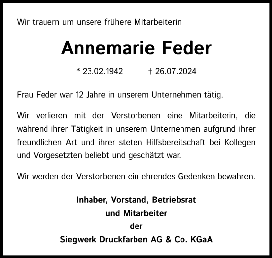 Anzeige von Annemarie Feder von Kölner Stadt-Anzeiger / Kölnische Rundschau / Express