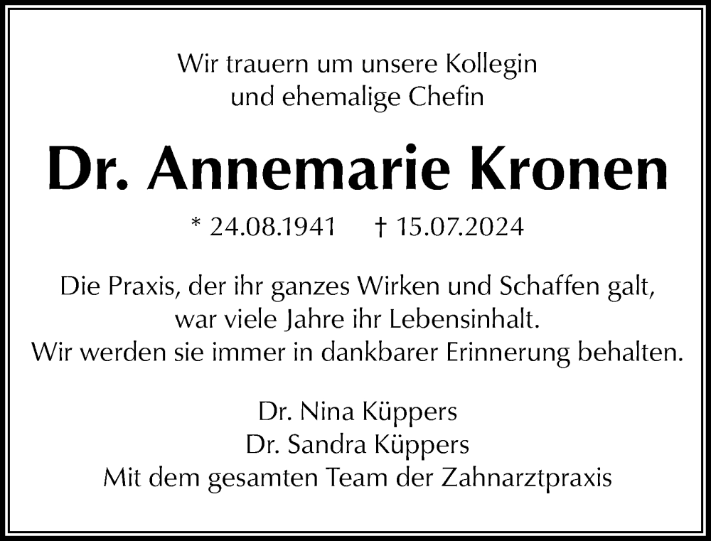  Traueranzeige für Annemarie Kronen vom 03.08.2024 aus Kölner Stadt-Anzeiger / Kölnische Rundschau / Express