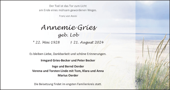Anzeige von Annemie Gries von Kölner Stadt-Anzeiger / Kölnische Rundschau / Express