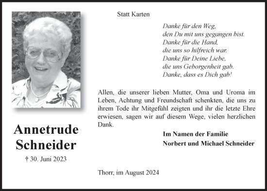 Anzeige von Annetrude Schneider von  Werbepost 