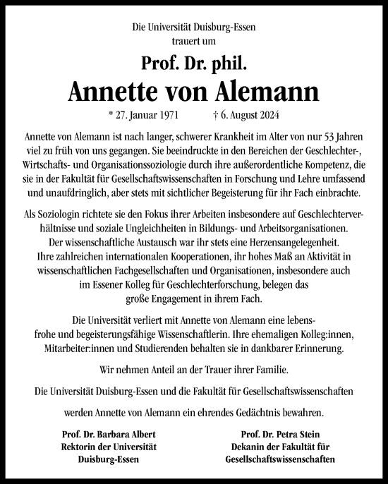 Anzeige von Annette von Alemann von Kölner Stadt-Anzeiger / Kölnische Rundschau / Express