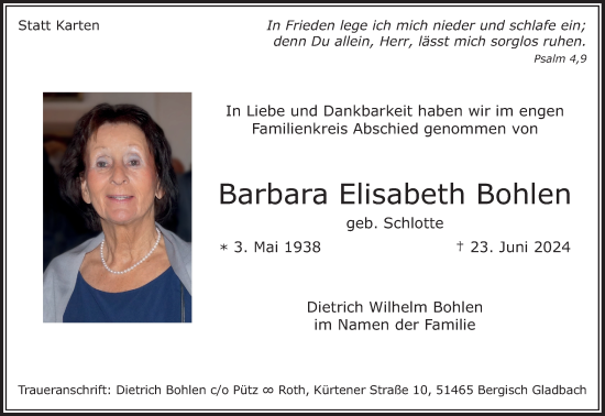 Anzeige von Barbara Elisabeth Bohlen von Kölner Stadt-Anzeiger / Kölnische Rundschau / Express