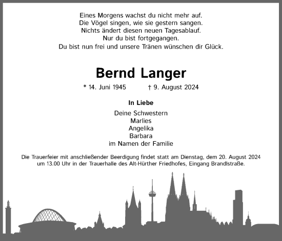 Anzeige von Bernd Langer von Kölner Stadt-Anzeiger / Kölnische Rundschau / Express
