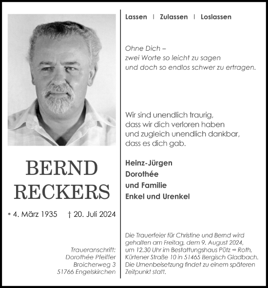 Anzeige von Bernd Reckers von  Bergisches Handelsblatt 