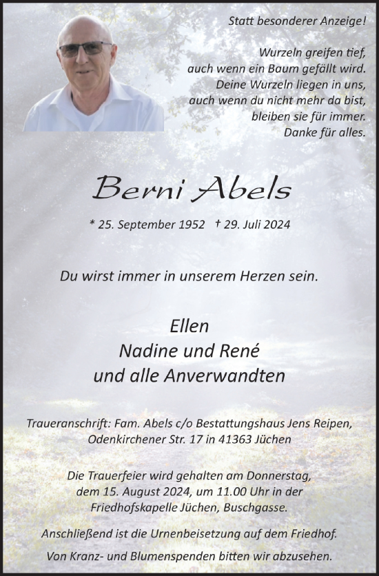 Anzeige von Berni Abels von  Werbepost 