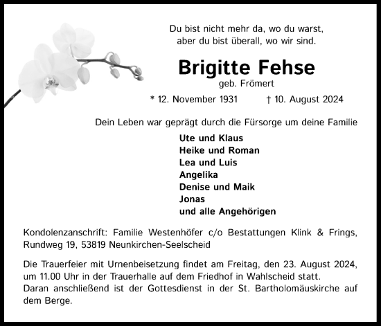 Anzeige von Brigitte Fehse von Kölner Stadt-Anzeiger / Kölnische Rundschau / Express