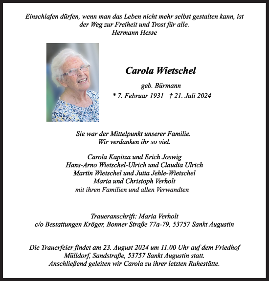 Anzeige von Carola Wietschel von Kölner Stadt-Anzeiger / Kölnische Rundschau / Express