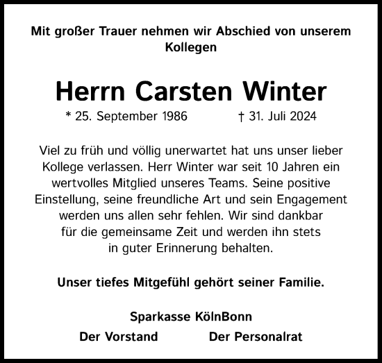 Anzeige von Carsten Winter von Kölner Stadt-Anzeiger / Kölnische Rundschau / Express