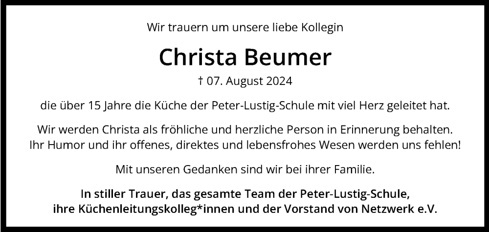  Traueranzeige für Christa Beumer vom 17.08.2024 aus Kölner Stadt-Anzeiger / Kölnische Rundschau / Express