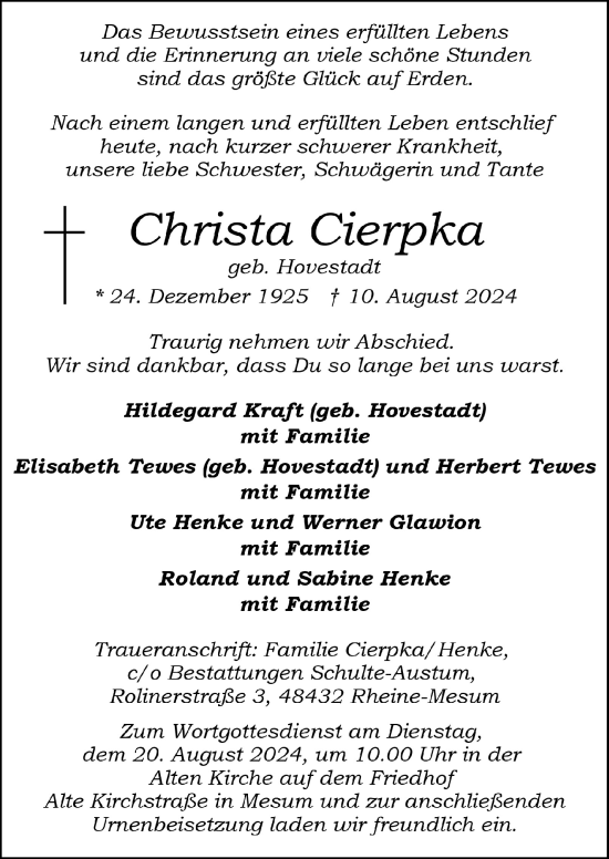 Anzeige von Christa Cierpka von  Schaufenster/Blickpunkt 