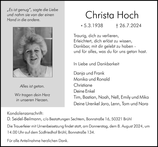Anzeige von Christa Hoch von  Schlossbote/Werbekurier 