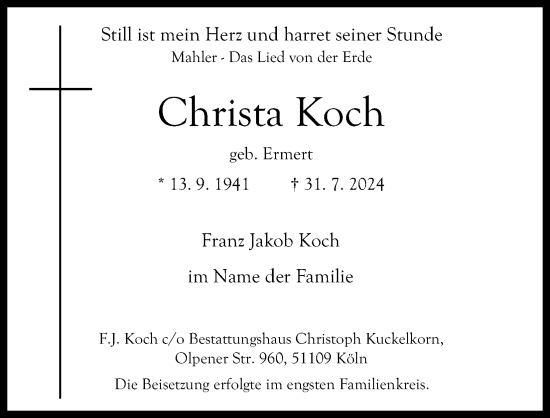 Anzeige von Christa Koch von Kölner Stadt-Anzeiger / Kölnische Rundschau / Express