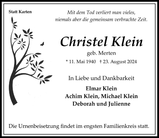 Anzeige von Christel Klein von  Wochenende 