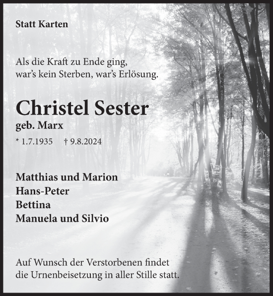 Anzeige von Christel Sester von  Wochenende 