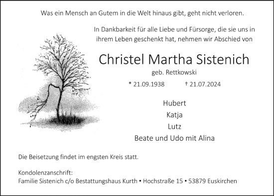 Anzeige von Christel Martha Sistenich von  Blickpunkt Euskirchen 