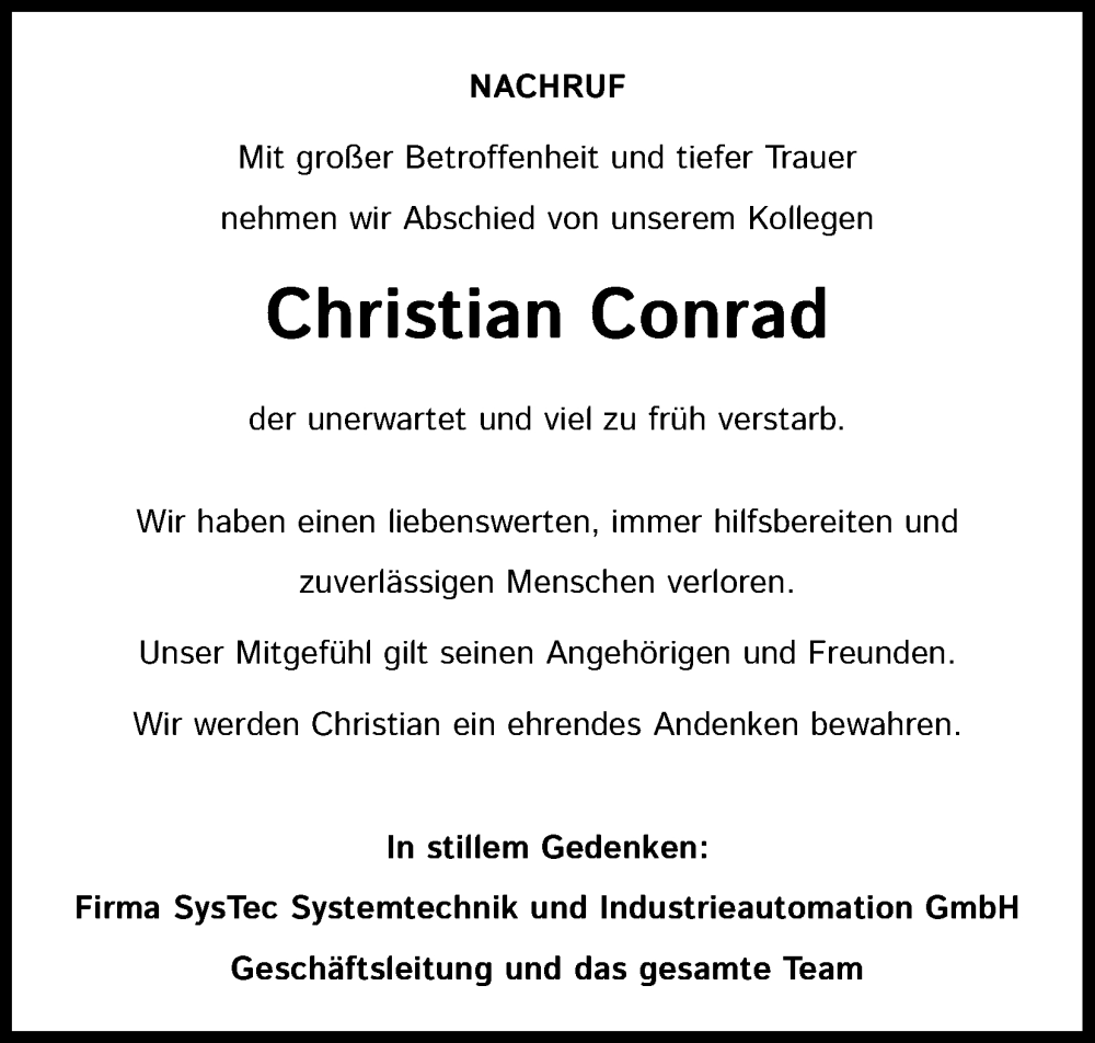  Traueranzeige für Christian Conrad vom 03.08.2024 aus Kölner Stadt-Anzeiger / Kölnische Rundschau / Express