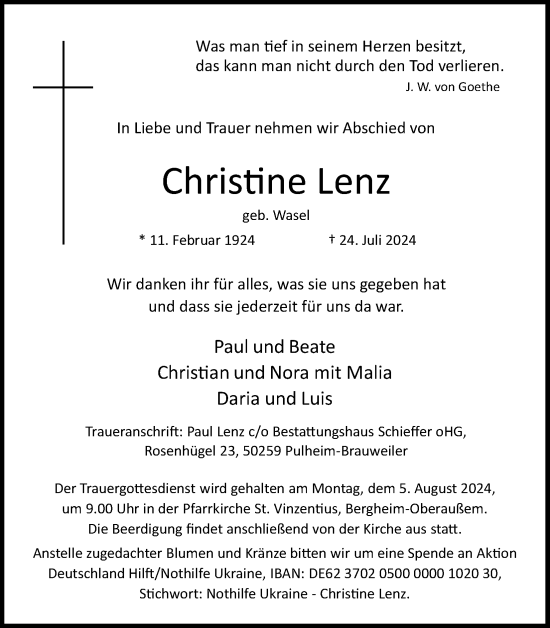 Anzeige von Christine Lenz von Kölner Stadt-Anzeiger / Kölnische Rundschau / Express