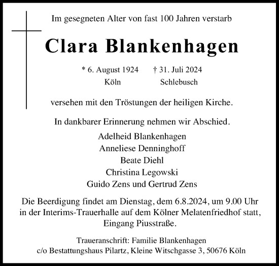 Anzeige von Clara Blankenhagen von Kölner Stadt-Anzeiger / Kölnische Rundschau / Express