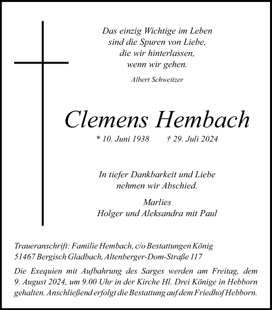 Anzeige von Clemens Hembach von Kölner Stadt-Anzeiger / Kölnische Rundschau / Express