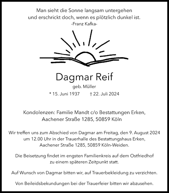 Anzeige von Dagmar Reif von Kölner Stadt-Anzeiger / Kölnische Rundschau / Express