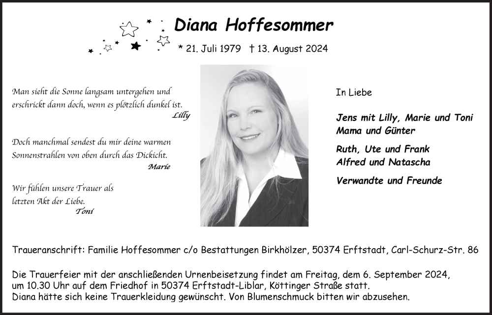  Traueranzeige für Diana Hoffesommer vom 30.08.2024 aus  Werbepost 