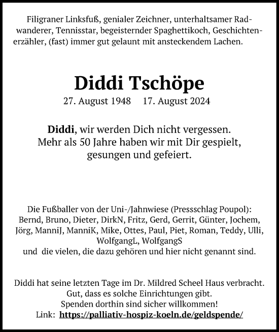 Anzeige von Diddi Tschöpe von Kölner Stadt-Anzeiger / Kölnische Rundschau / Express
