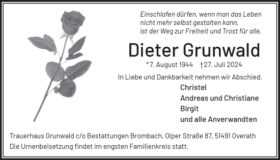 Anzeige von Dieter Grunwald von  Bergisches Handelsblatt 