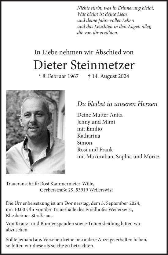 Anzeige von Dieter Steinmetzer von  Wochenende 
