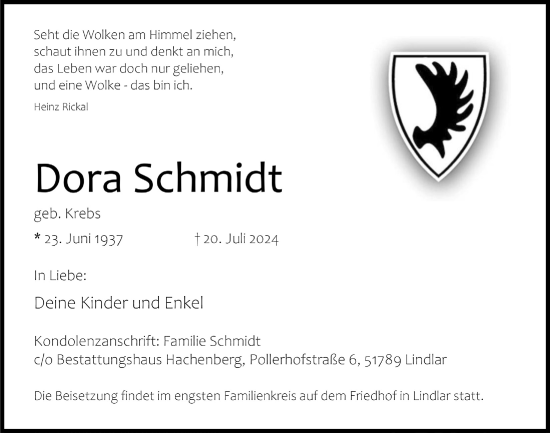 Anzeige von Dora Schmidt von  Anzeigen Echo 