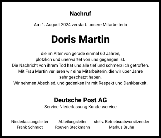 Anzeige von Doris Martin von Kölner Stadt-Anzeiger / Kölnische Rundschau / Express