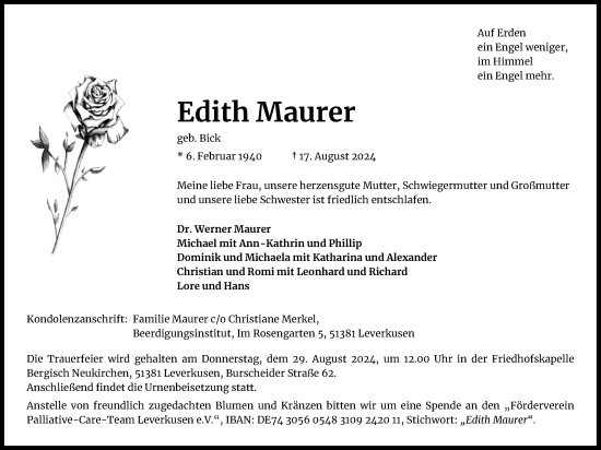 Anzeige von Edith Maurer von Kölner Stadt-Anzeiger / Kölnische Rundschau / Express