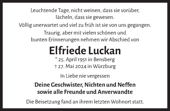 Anzeige von Elfriede Luckan von  Bergisches Handelsblatt 