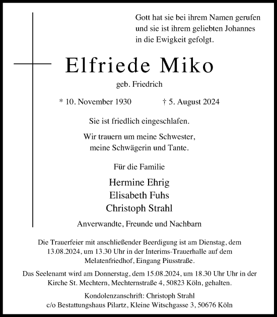 Anzeige von Elfriede Miko von Kölner Stadt-Anzeiger / Kölnische Rundschau / Express