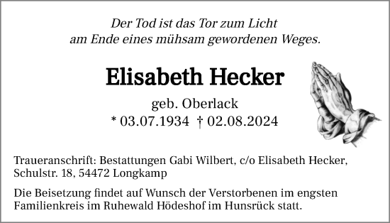 Anzeige von Elisabeth Hecker von Kölner Stadt-Anzeiger / Kölnische Rundschau / Express