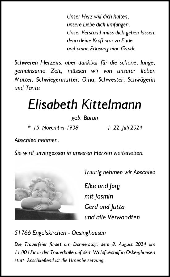 Anzeige von Elisabeth Kittelmann von  Anzeigen Echo 