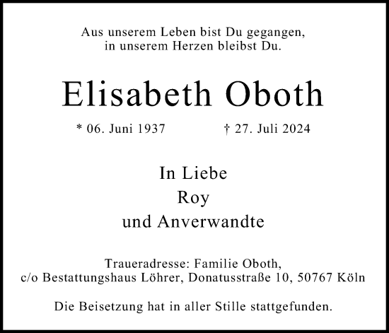 Anzeige von Elisabeth Oboth von Kölner Stadt-Anzeiger / Kölnische Rundschau / Express