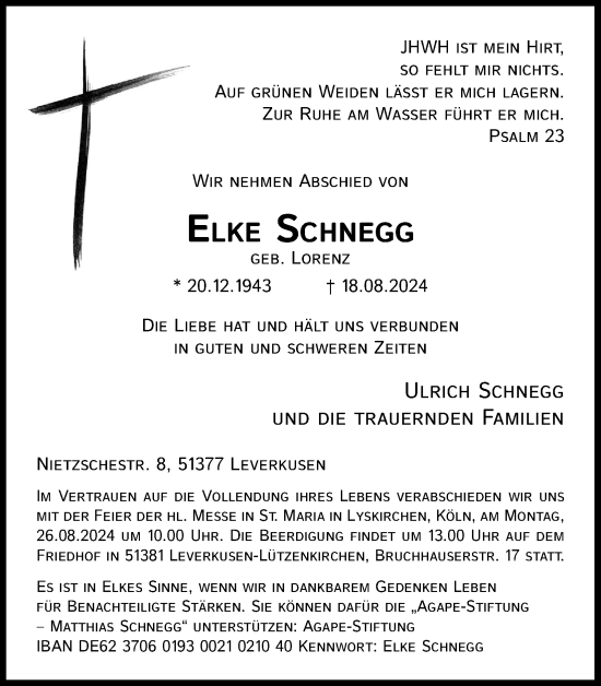 Anzeige von Elke Schnegg von Kölner Stadt-Anzeiger / Kölnische Rundschau / Express