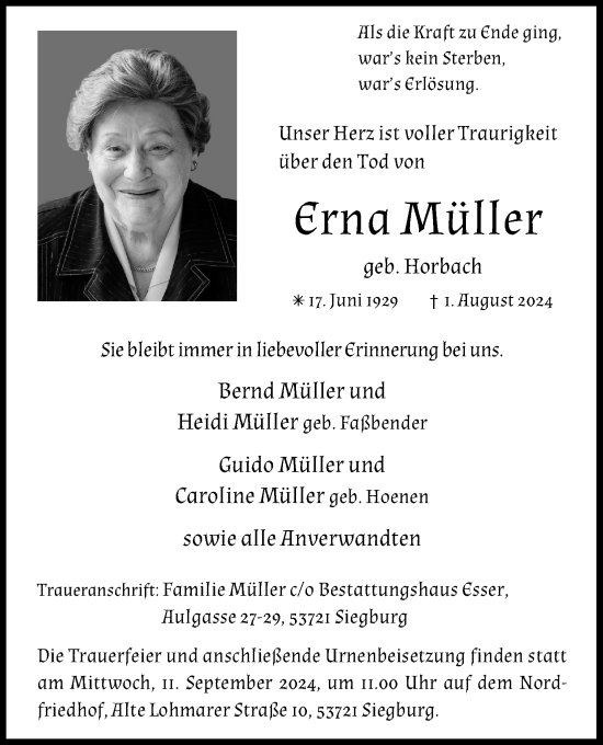 Anzeige von Erna Müller von Kölner Stadt-Anzeiger / Kölnische Rundschau / Express