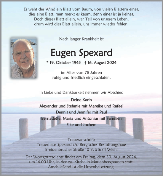 Anzeige von Eugen Spexard von  Lokalanzeiger 