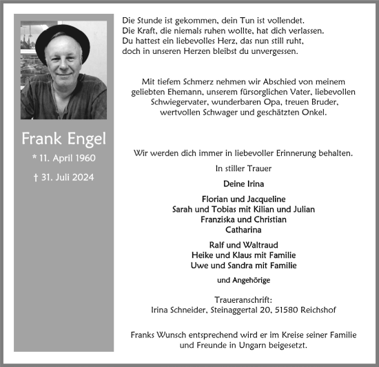 Anzeige von Frank Engel von  Anzeigen Echo  Lokalanzeiger 