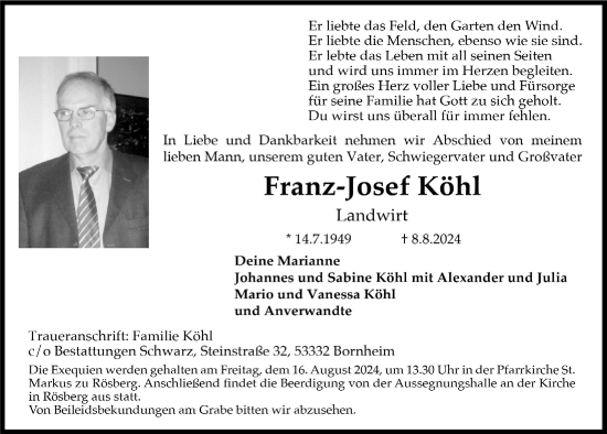 Anzeige von Franz-Josef Köhl von  Schaufenster/Blickpunkt 