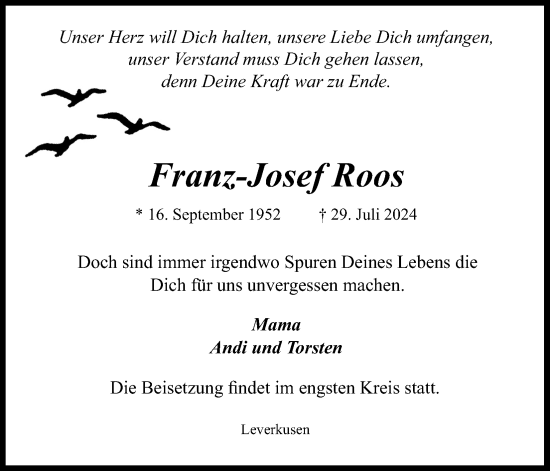 Anzeige von Franz-Josef Roos von Kölner Stadt-Anzeiger / Kölnische Rundschau / Express