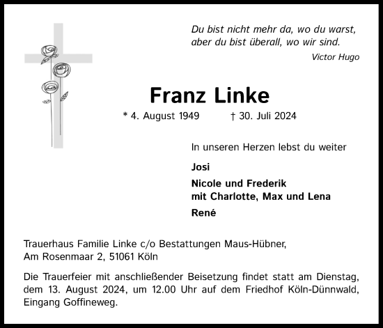 Anzeige von Franz Linke von Kölner Stadt-Anzeiger / Kölnische Rundschau / Express