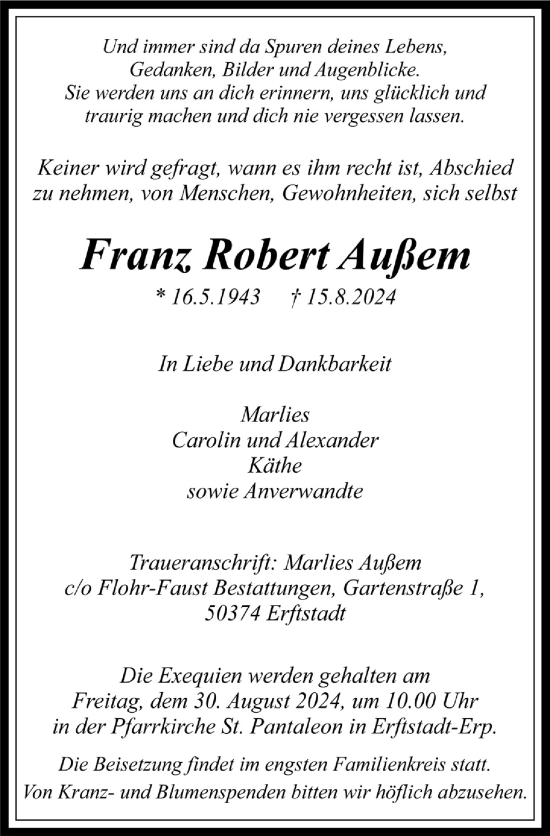 Anzeige von Franz Robert Außem von  Werbepost 