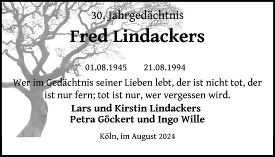 Anzeige von Fred Lindackers von Kölner Stadt-Anzeiger / Kölnische Rundschau / Express