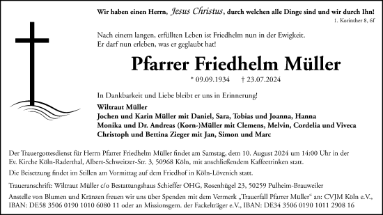 Anzeige von Friedhelm Müller von Kölner Stadt-Anzeiger / Kölnische Rundschau / Express